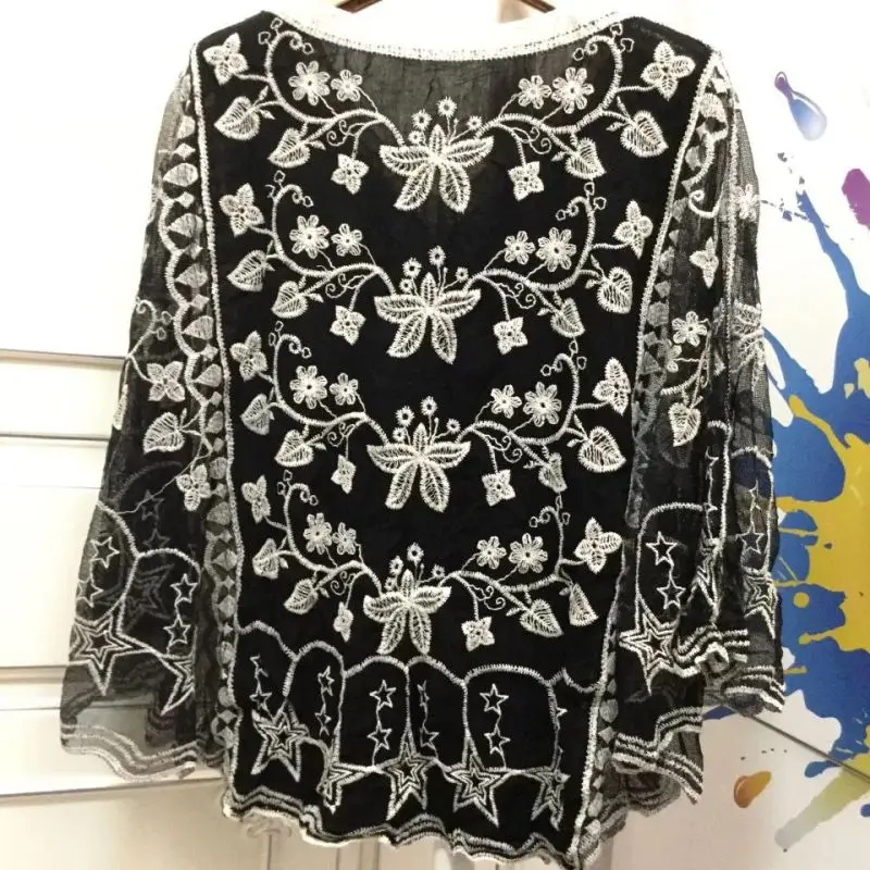 2024 Summer Temperament High-end Fashion Hollowed Out V-neck Lace Jacquard Embroidery Loose Casual Versatile Bat Sleeve Shirt