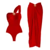 2Pcs One Shoulder Swimsuit Sexy Women Bikini 2025 Cut Out Swimwear Solid Red Swimming Suit Female Biquini Bodysuit Beach Outfits