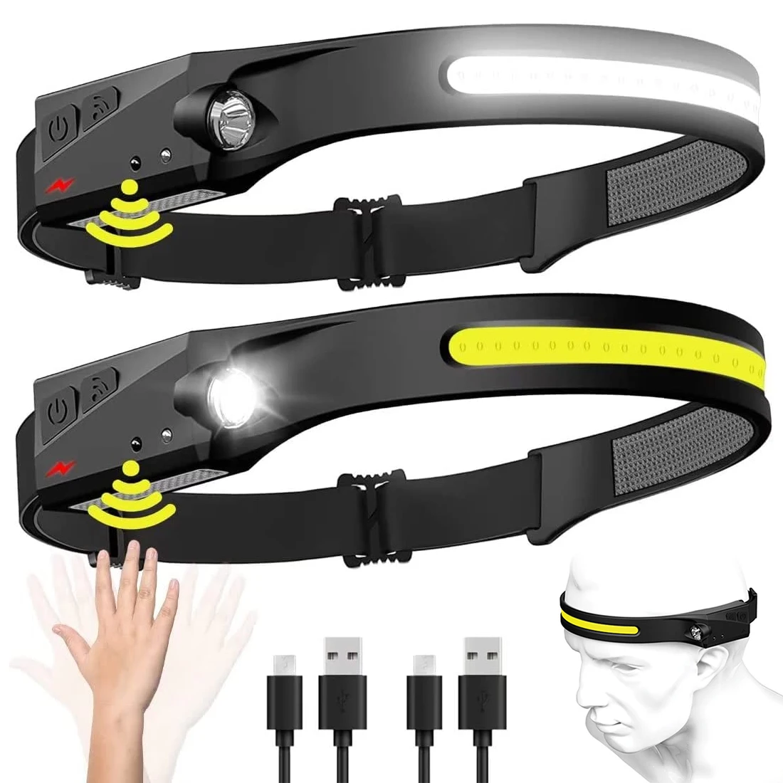 LED 유도 헤드램프 캠핑 검색 조명, USB 충전식 헤드라이트, LED 헤드 토치, 작업 조명, 배터리 내장, 1 개, 2 개, 3 개