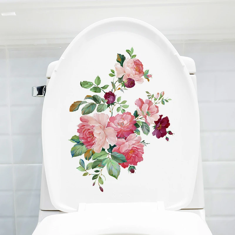 PVC Toilet Lid Decals Bird Floral Daisy Rose Peony Butterfly Pattern Toilet Stool Commode Sticker For Bathroom Self Adhesive 1pc