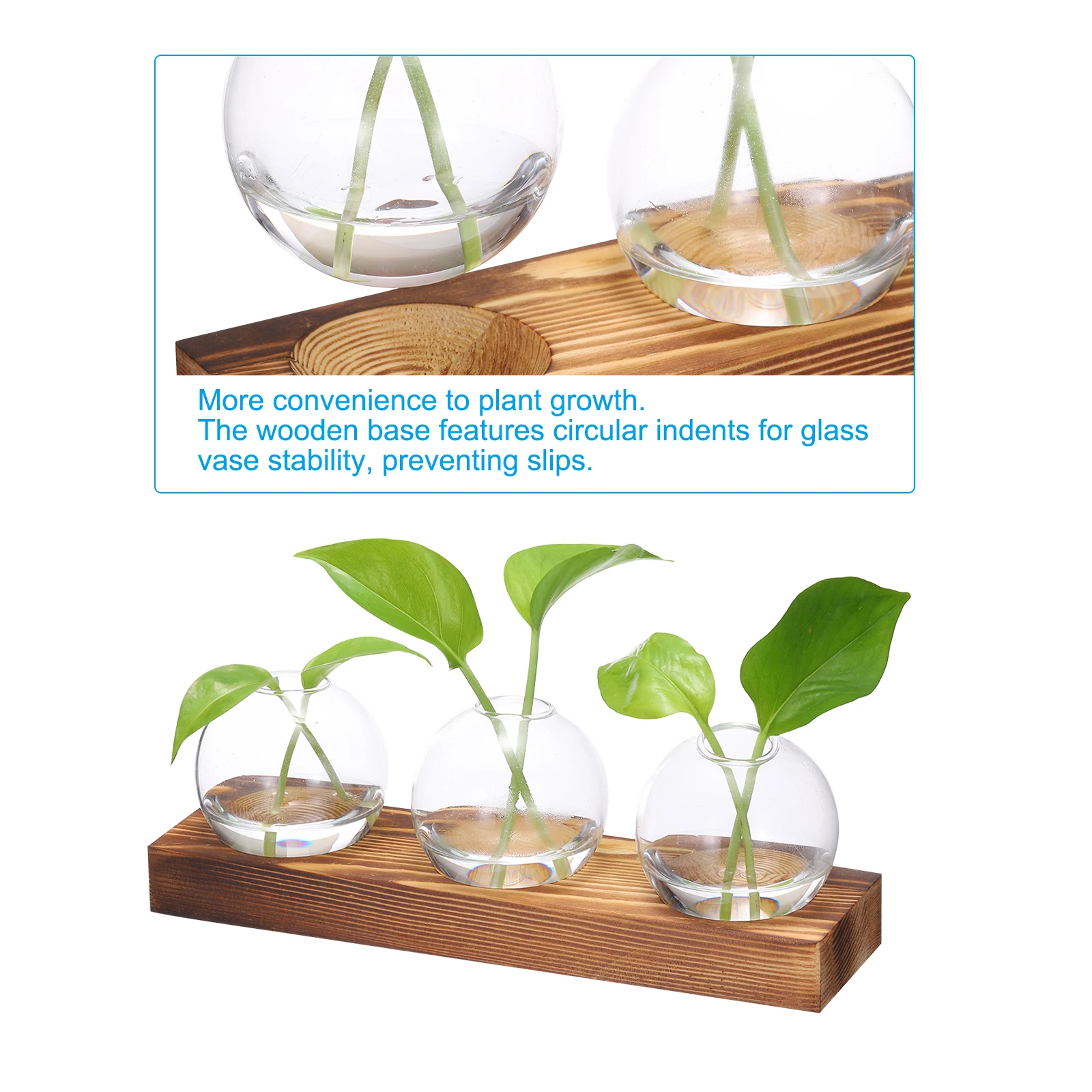 Glass Vases with Wooden Tray 3 Bulb Flower Vase Small Plant Propagation Stations for Wedding Bedroom Home Decor Table Decoration 4