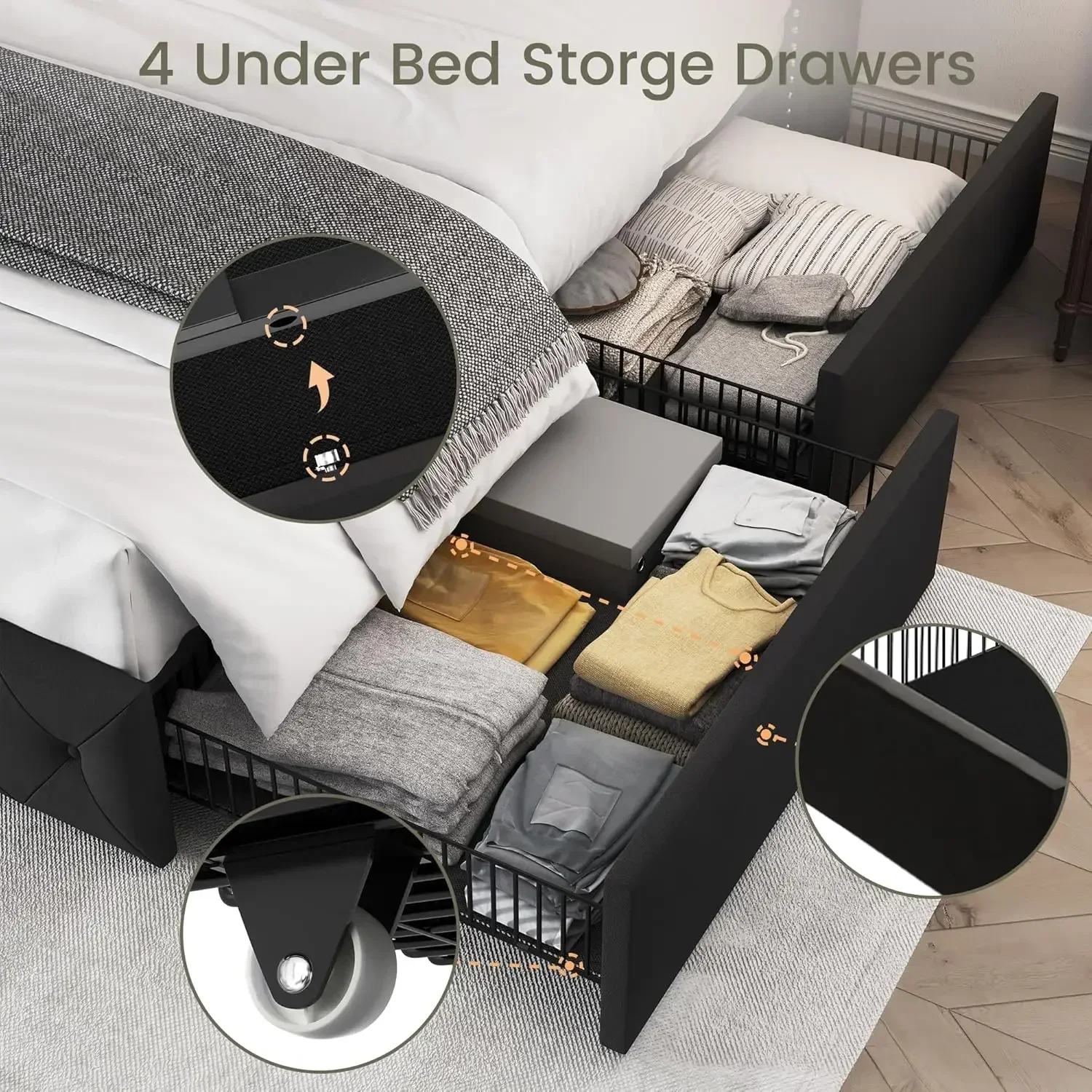 King Size Bed Frame with 4 Storage Drawers and Tufted Headboard Velvet Upholstered Wingback Beds , Black