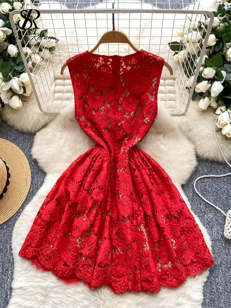 SINGREINY Luxury Embroidery Short Dress O Neck Sleeveless Zipper Skinny  High Quality French Senior Hollow Out Floral Lace Dress - AliExpress  200000345