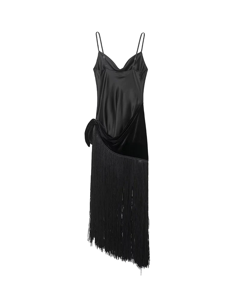 New Women Fringed Dress Chic Sling Sleeveless Sexy Backless Slimming Fashion Ladies Elegant Tassel Patchwork Long Dresses