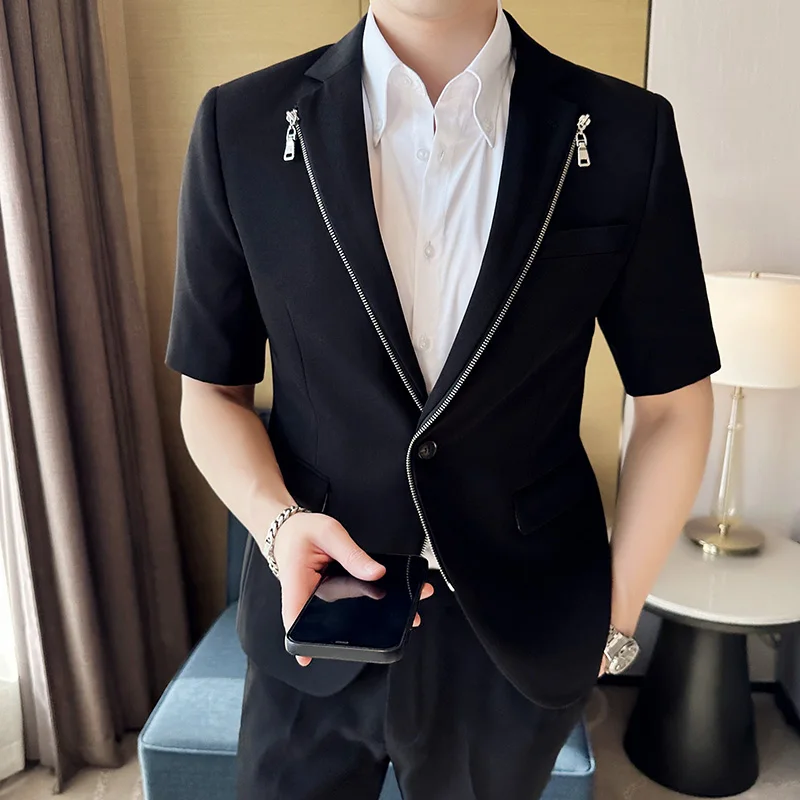 Summer Zipper Decoration Blazers Men Casual Business Suit Jacket Slim Fit 3/4 Sleeve Streetwear Social Jacket Men Clothing