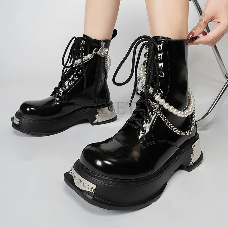 

Punk Style Women Ankle Boots Thick Sole Platform Shoes Woman Chains Decor Autumn Botas Mujer Slip-on Knight Short Booties