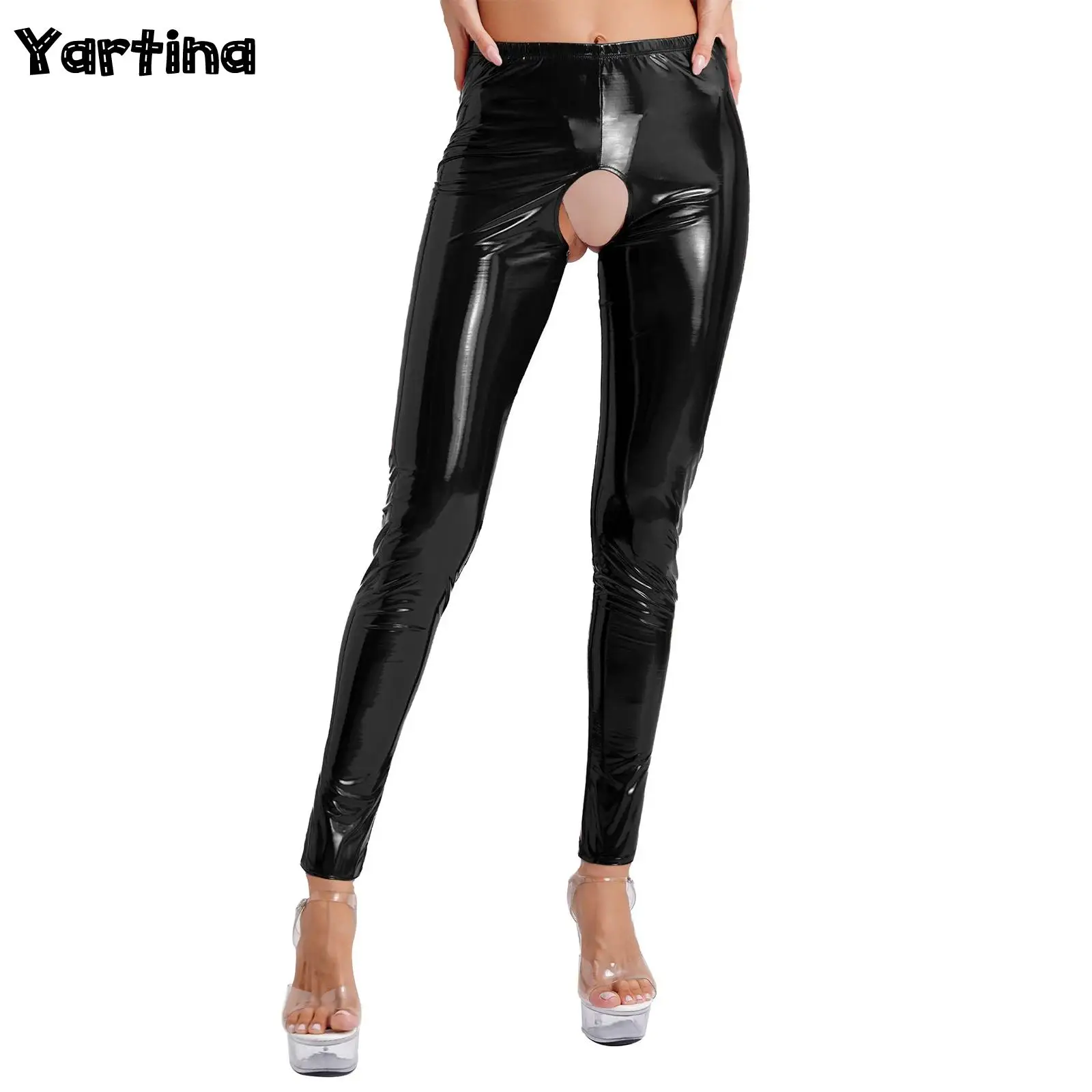 Latex Lingerie Pants for Women Patent Leather Glossy Leather Crotchless Long Pants High Waist Disco Party Leggings Clubwear