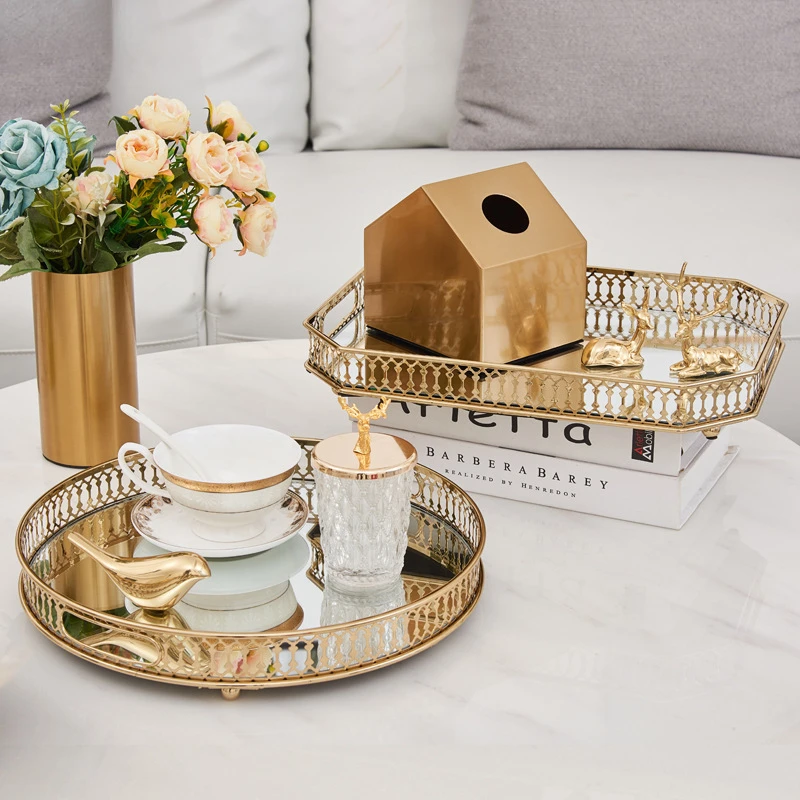 

Gold Trays Decorative Vintage Mirror Glass Storage Tray Rectangle/round Fruit Plate Desktop Small Items Jewelry Display Plate