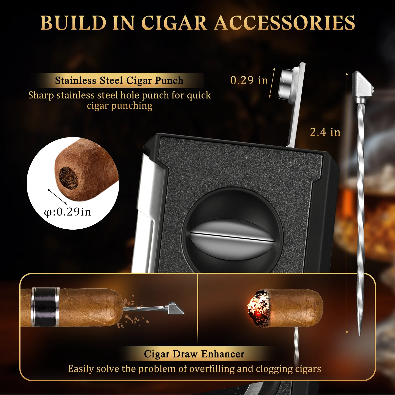 Cigar Cutter Tools 4 in 1 Straight Cut V Cutter with Cigar Punch Draw Enhancer Stainless Steel Blade Clippers