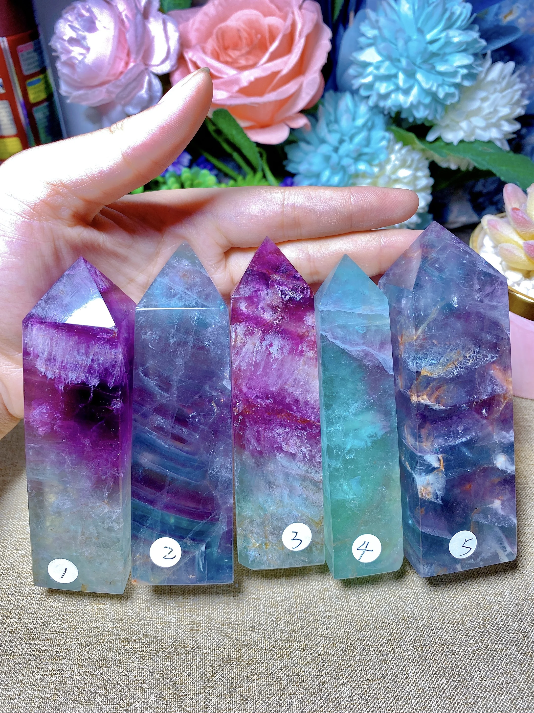

Natural Crystal Watermelon Fluorite Crystal Column Gem quadrilateral Column Striped Fluorite Crystal Tower Home Decoration