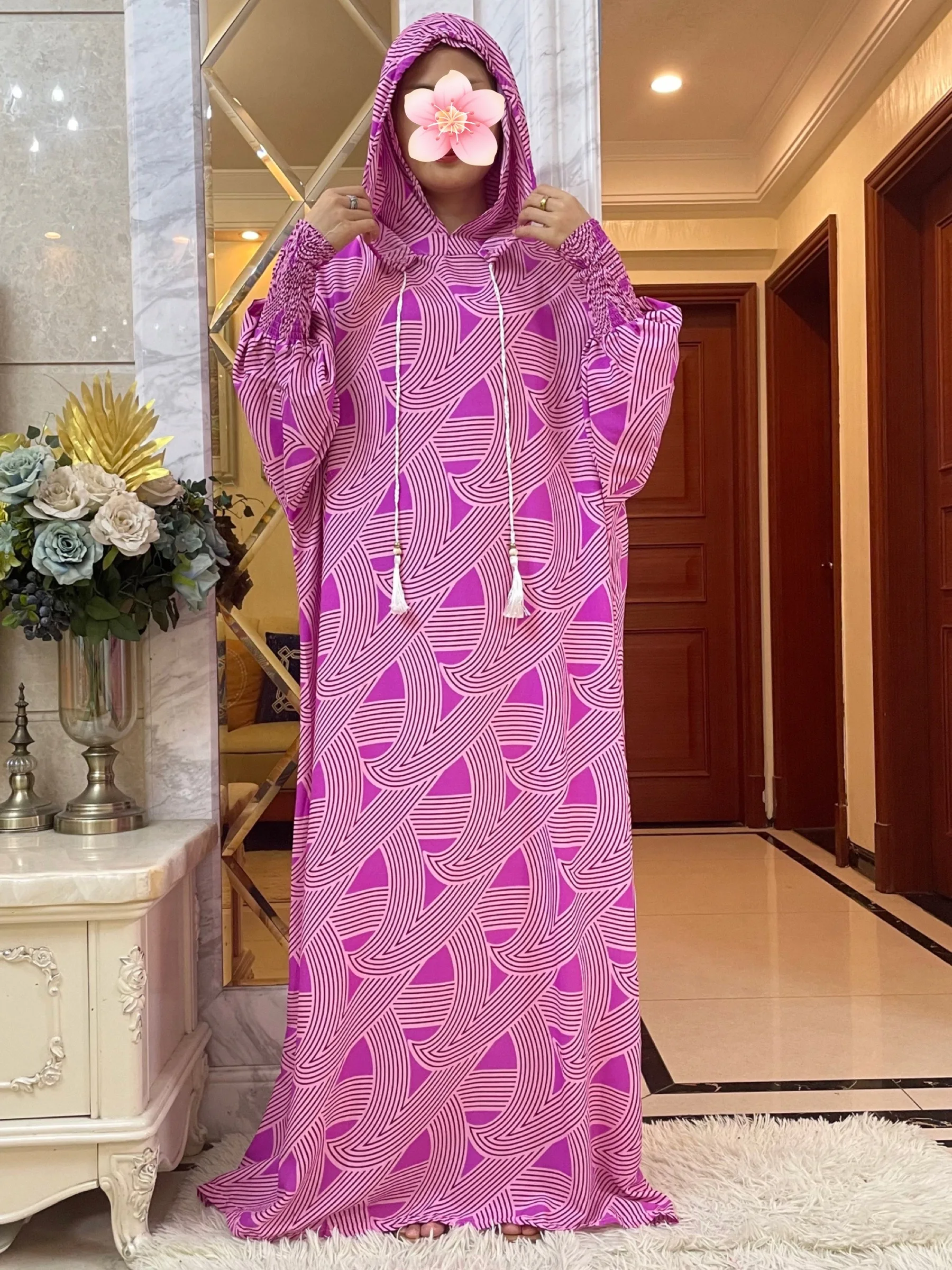 New Muslim Long Sleeve Women Abaya Eid Hooded Two Hats CottonDress Turkey Kaftan Arab Robe Islamic Overhead Hijab Dubai Clothing