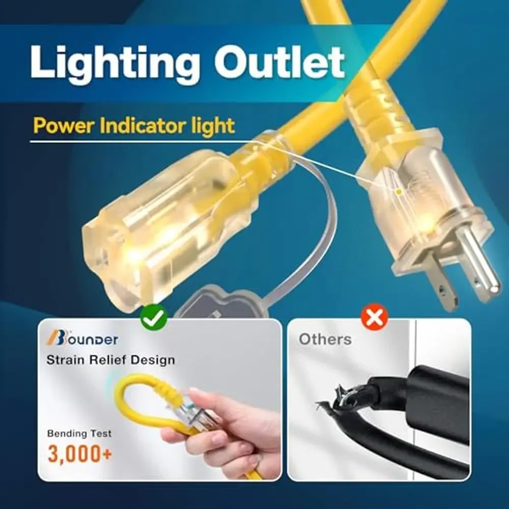 100FT Waterproof Outdoor Extension Cord Heavy Duty 15A 1875W Flexible Copper 3 Prong Commercial Cords Garden Construction