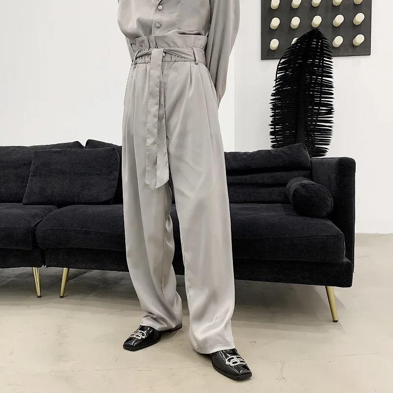 

2023Silk Men Loose High Waist Casual Style Belt Wide Leg Pant Male Vintage Fashion Harem Trousers Retro Pants s