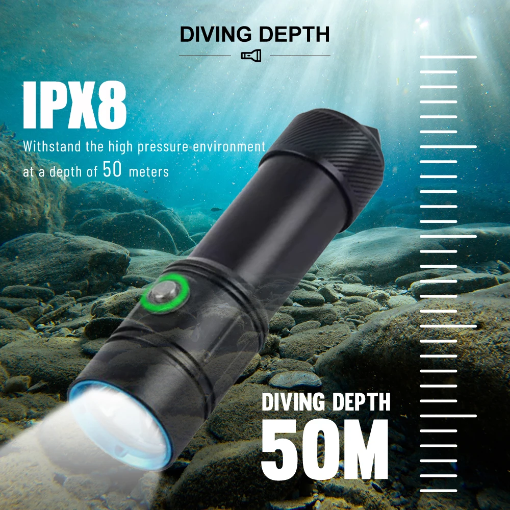 Asafee 수중 다이빙 손전등, SOS 라이트 배터리 디스플레이 토치, IPX8 방수 랜턴, L2 LED, 1200LM, 50M