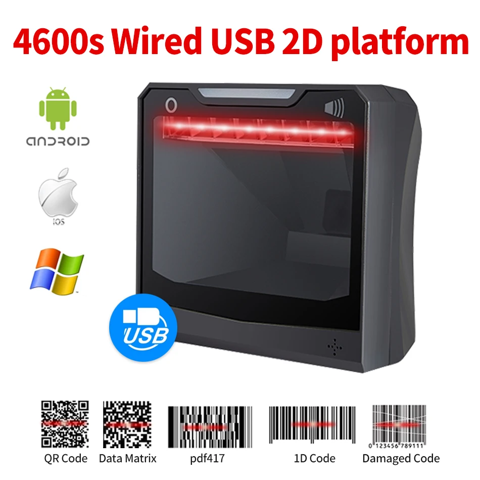 Platform Barcode Scanner 1D 2D Desktop Omnidirectional Hands-Free Bar code Scanner Wired USB Barcode Reader QR Code PDF