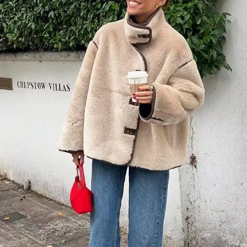 Fleece Jacket Women's Beige Coat 2024 Casual Loose Elegant Outwear With Button Outerwear Patchwork Woman Jackets Coat Pocket Top