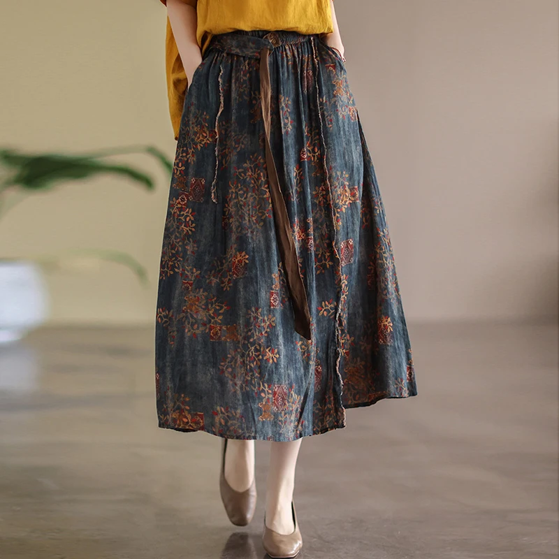 

NINI WONDERLAND 2023 Summer Print Flower Linen A-line Midi Skirt Women Elastic Waist Vintage Retro Skirts Loose Casual Skirt