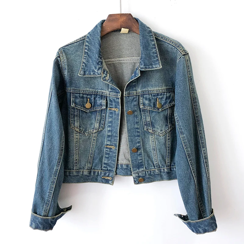 

Vintage Blue Turndown Collar Big Pocket Denim Jackets Women Slim Short Cowboy Outerwear Autumn Korean Jeans Jacket Coat Female