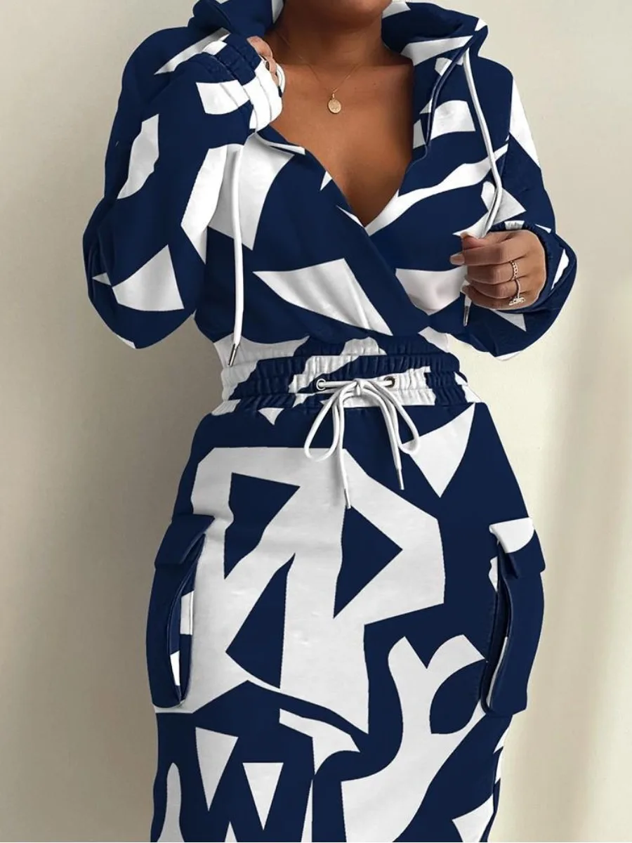 

LW Plus Size dresses Geometric Print Drawstring Bodycon Dress Autumn winter long sleeve midi dress casual women's Dress vestido
