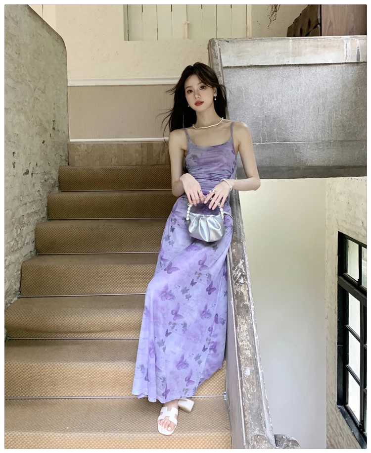 Sexy Printed Long Dresses for Women Mesh Spaghetti Strap Slim A-line Party Dress Summer Korean Fashion One Piece Vestido Mujer