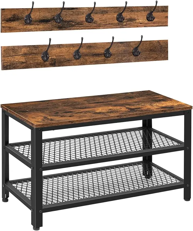 

Large hanger shoe stool, hall tree entrance storage rack, 3-in-1 design, metal frame wooden furniture
