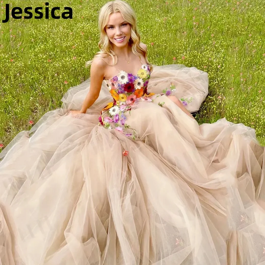 Jessica 3D Flowers Prom Dresses Sweetheart Tulle Evening Dress Graduation Gown Formal Occasions Party Dressesفساتين السهرة2024