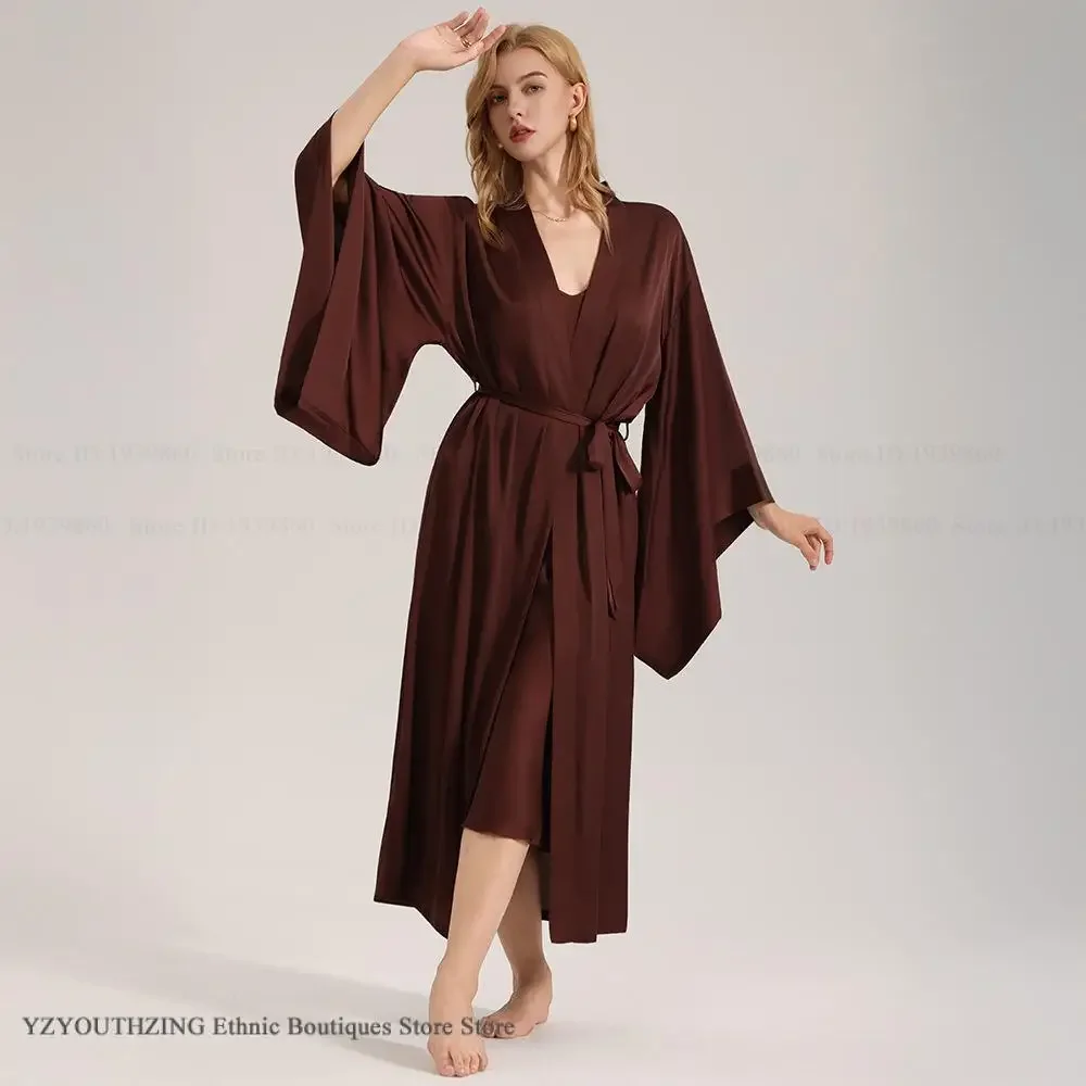 كبير الحجم المرأة رداء طويل المنزل روب للنوم موضة براون الحرير الساتان ملابس خاصة البشكير كيمونو ثوب فضفاض مريح المتسكعون