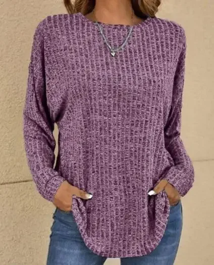 

Top women Spring Fashion Knitted Pit Strip Round Neck Casual Solid Color Long Sleeve Daily Loose T-Shirt Tops Woman clothes