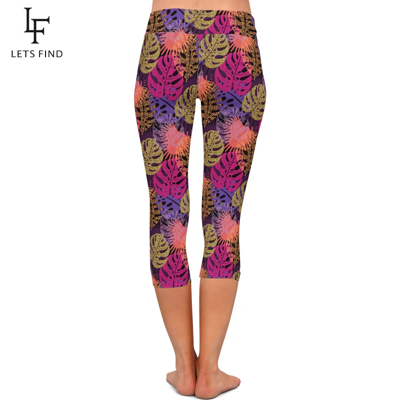 LETSFIND New Leaf Print Women Pants High Waist  220gsm Milk Silk Mid-Calf Elastic Stretch Trouser Casual Capri Leggings