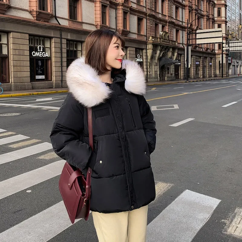 2023 New Winter Down Cotton-padded Jackets Korean Style Short Loose Thicken Warm Coats Women Hooded Black White Casual Outwear
