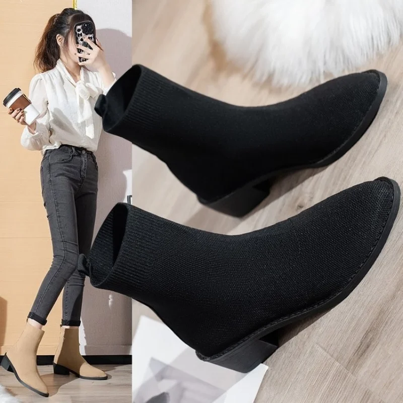 Sleeve Knitted Elastic Women Boots Mesh Red Heel Versatile Short Boots Spring Autumn New Comfort Socks Boots Ladies Casual Shoes