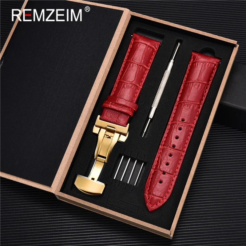 Premium Genuine Leather Watch Band with Stainless Steel Butterfly Clasp and Tool Set