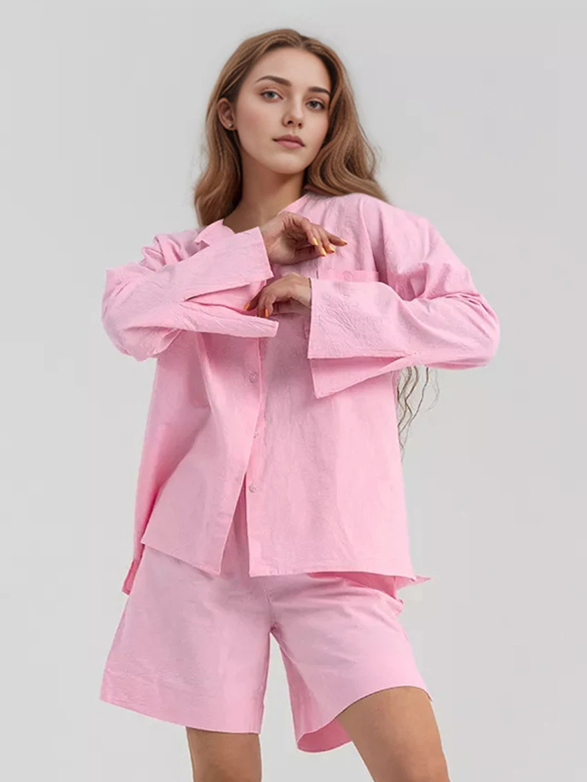 Marthaqiqi Pink Cotton Women'S Nightgowns Suit Long Sleeve Sleepwear Turn-Down Collar Pajamas Shorts Casual Ladies Nightwear Set