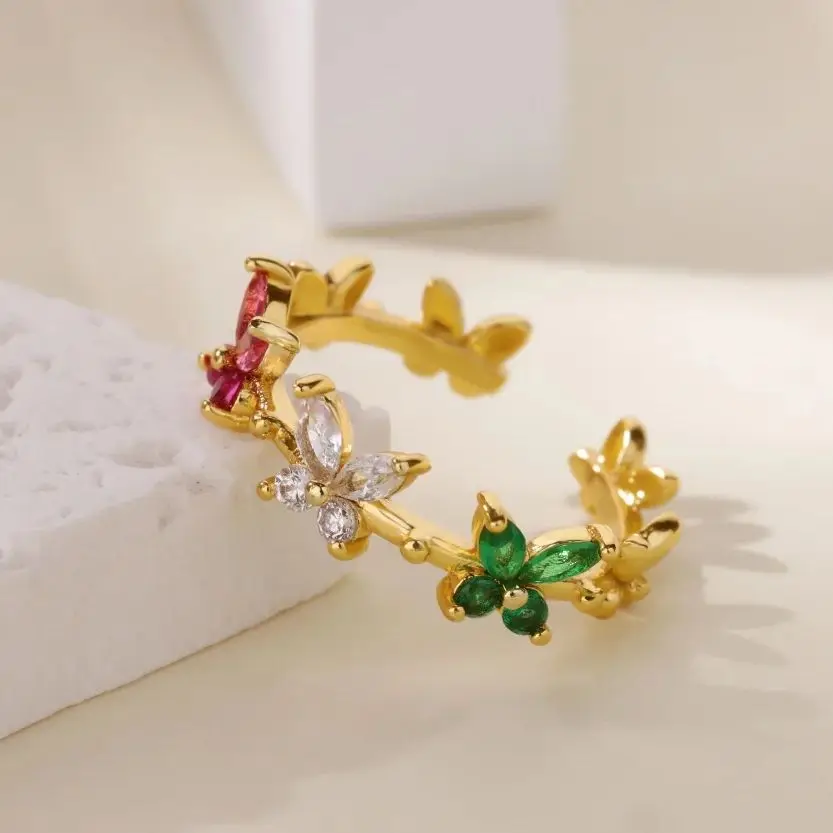 Colorful Zircon Butterfly Rings Gold Color Stainless Steel Adjustable Ring
