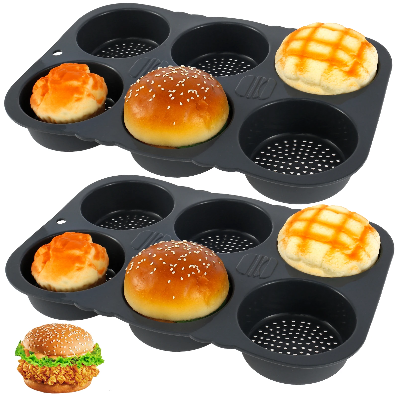 

2Pcs Silicone Hamburger Bun Mold 6-Cavity Egg Muffin Baking Pan Non-Stick Silicone Bread Pan Multifunctional Reusable Hamburger