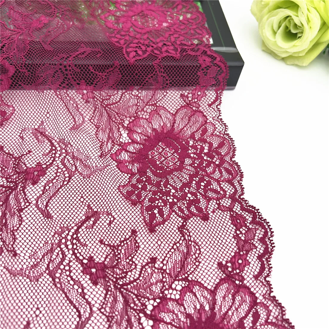 3y/lot Width 9 1/4 inch (23.50cm) Wine Red Elastic Stretch Lace Trim 2