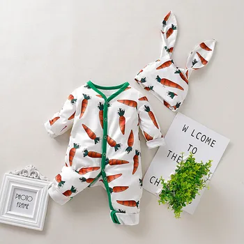 Infant Clothes Baby Boy Girl Cartoon Carrot Print Romper Jumpsuit+rrabbit Ears Hat Set Outfit Baby Clothes Autumn Winter Overall 2