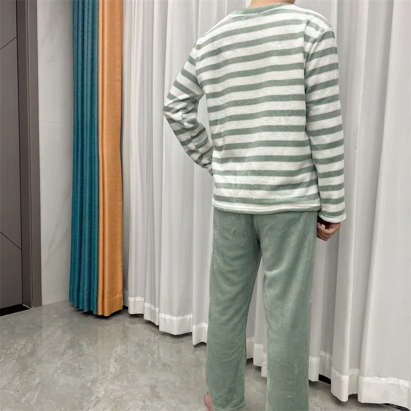 Large Size Winter Pajamas Set Men Warm Soft Flannel Striped Nightwear Long Sleeves 2 Pieces Set Home Clothes Korean Sleepwear