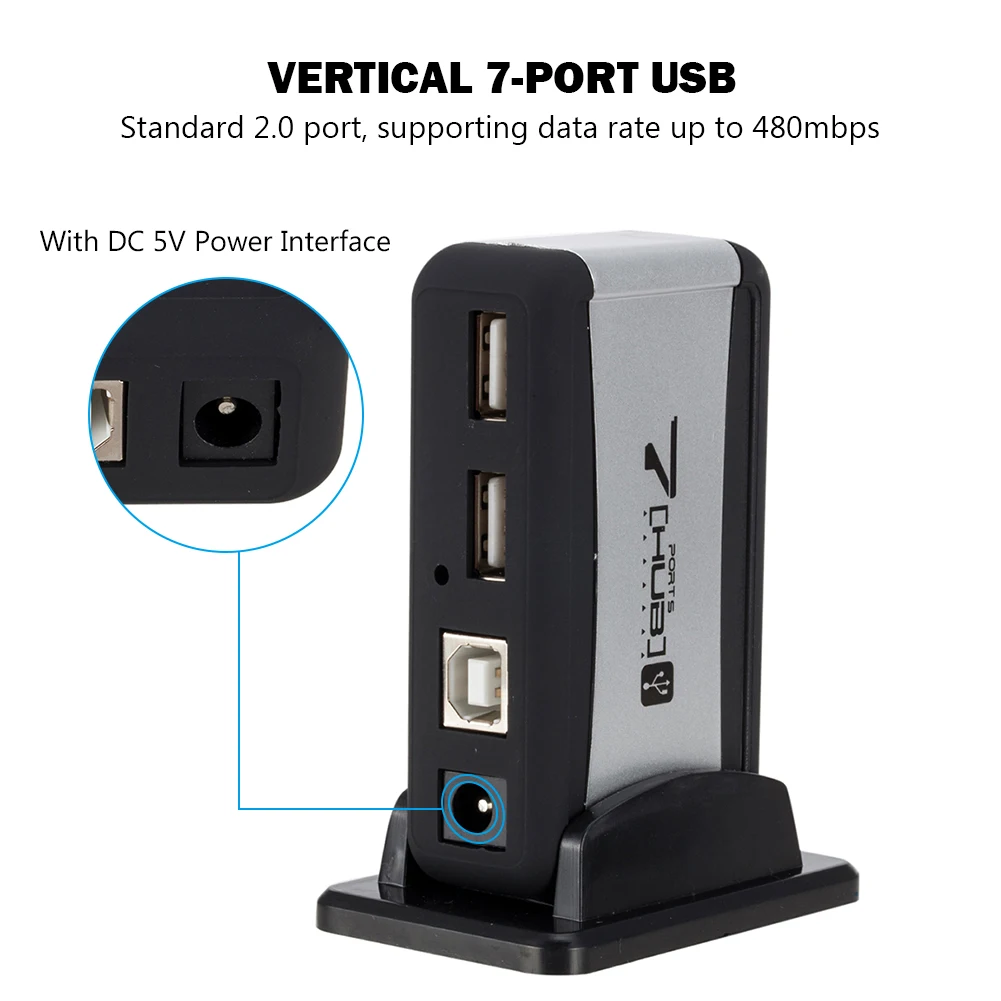 EU/US Plug Vertical USB Hub Multi 7 Ports USB 2.0 Splitter with Power Adapter 480 Mbps USB 2.0 hub for PC Computer Accessories
