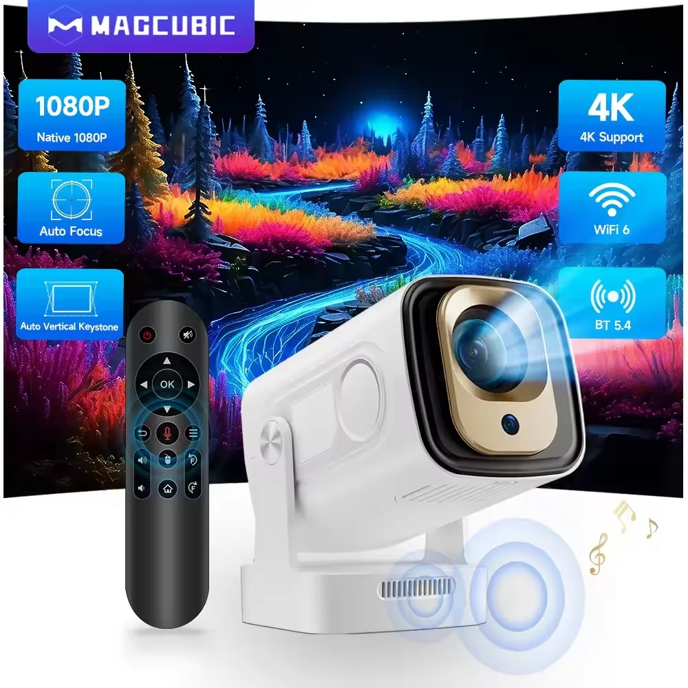 „Magcubic HY310“ projektorius su „Android 11“, 4K raiška, natūralus 1080p, automatinis fokusavimas, 330 ANSI liumenų, dvigubas „Wi-Fi“, „Bluetooth 5.4“, „Air Mouse“, balso valdymas, namams ir lauke, filmams