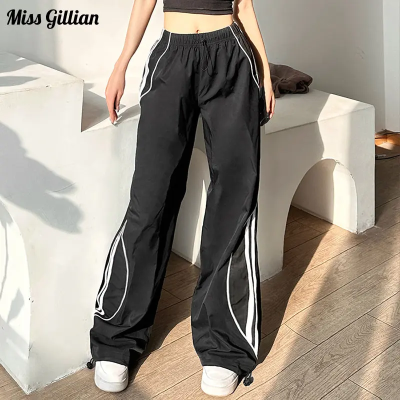 

Брюки-карго, летняя одежда, повседневные черные брюки, прямые брюки с высокой талией, женская уличная одежда, спортивные брюки с широкими штанинами и шнурком