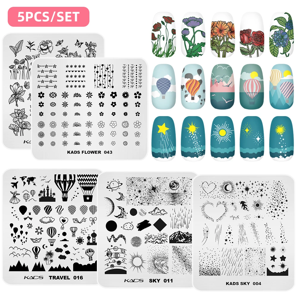 KADS 5Pcs Nail Stamp Nail Art Stamping Plates Flower Nature Nail Stamping Template Image Manicure Accessories Nail Stencil Tool 5