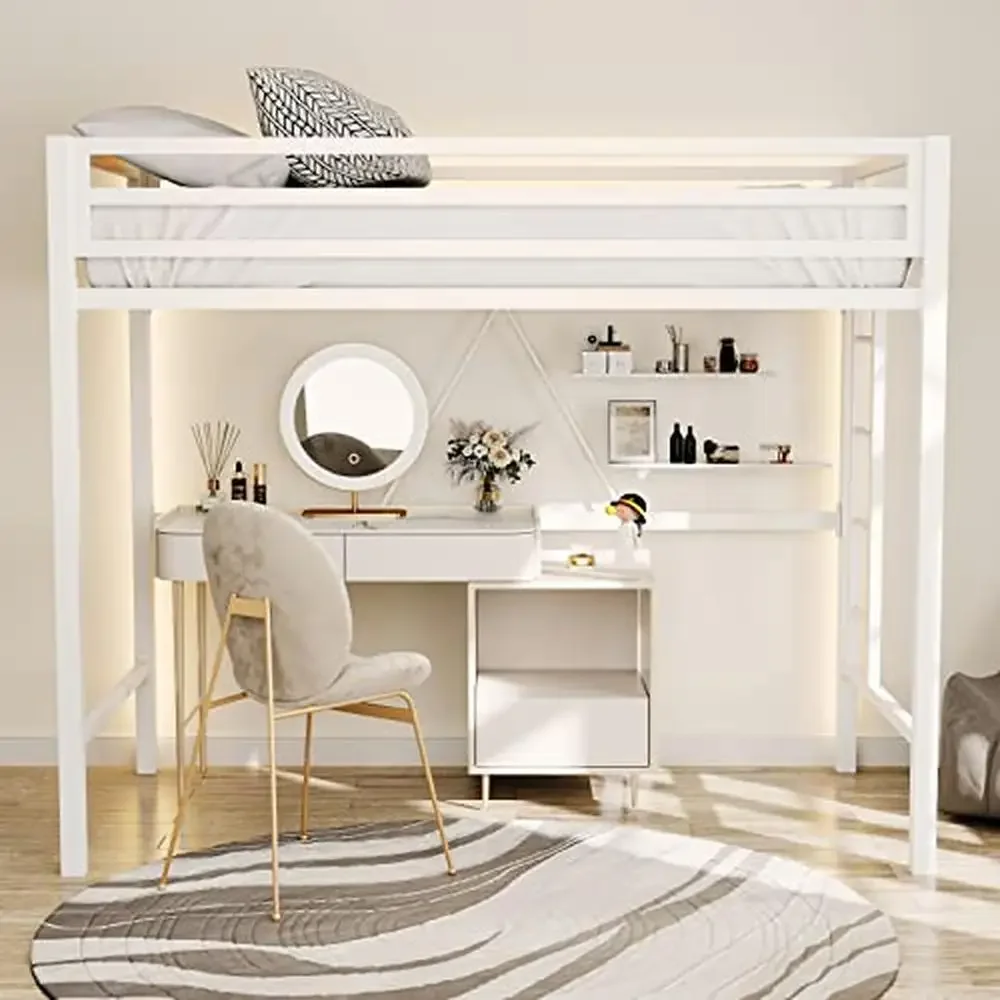 Twin Size Loft Bed Metal Frame with Safety Guard Removable Ladder Space-Saving Design Stain Resistant Modern Style Easy Assembly