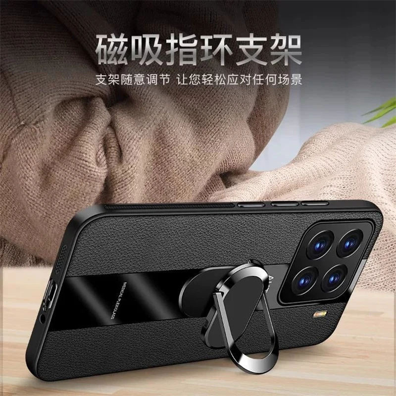 Luxury Leather Magnetic Case with Ring Holder and Shockproof Silicone Bumper