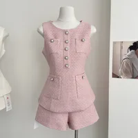High Quality Female Tweed Sleeveless Vest Top High Waist Shorts Set Women French Slim Summer Sweet Girl Lady Two Piece Outfits - Image 4