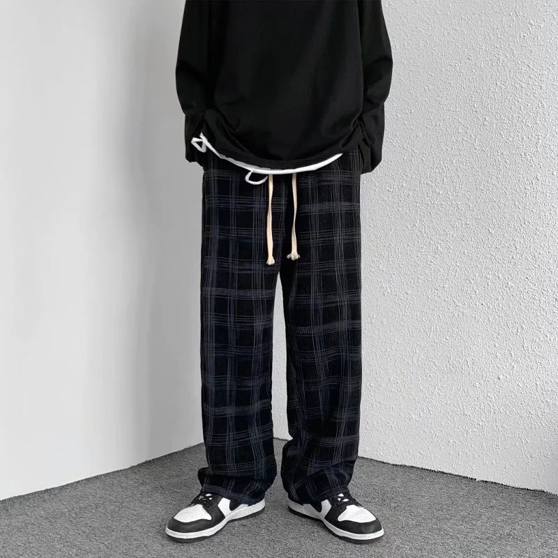 Plaid Straight Cylinder Summer Patchwork Men Straight Leg Pants Trend Loose Korean Spring All-match Wide Legs Casual Trousers