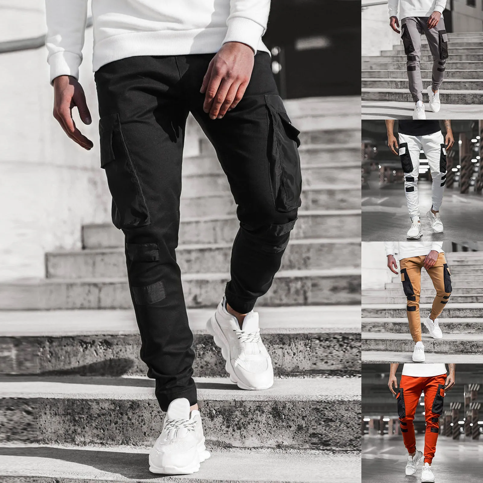 Stitching Skinny Leg Fashion Multi-Pocket Men Casual Pants Straight Streetwear Man Trousers Y2k Clothes Gym Work Pantalones