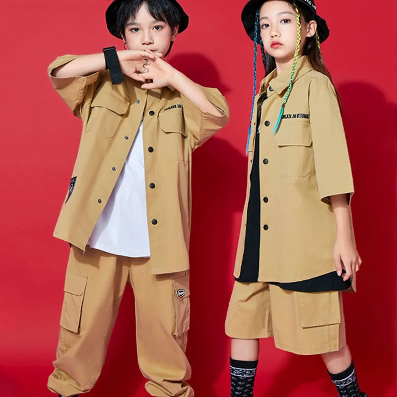 

New Children Jazz Street Dance Clothes Girls Loose Short Sleeve Suit Boys Hip Hop Costume Kpop Catwalk Show Stage Outfit DQL8966