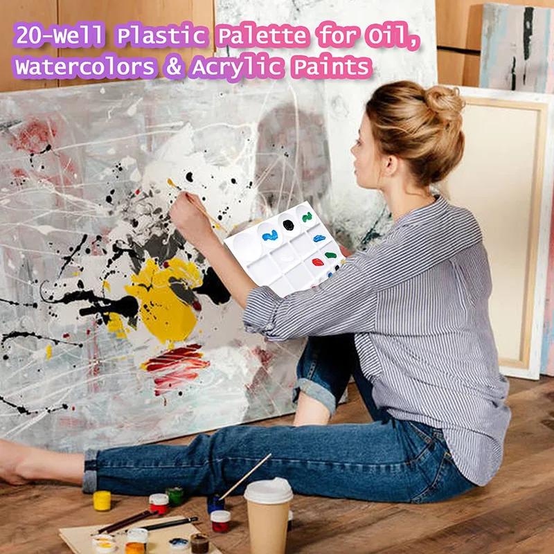 2pcs 20Wells Watercolor Paint Tray Palette Pallet Acrylic Painting Mixing Plastic Artist Large Square Palette, 13 x 10 Inches