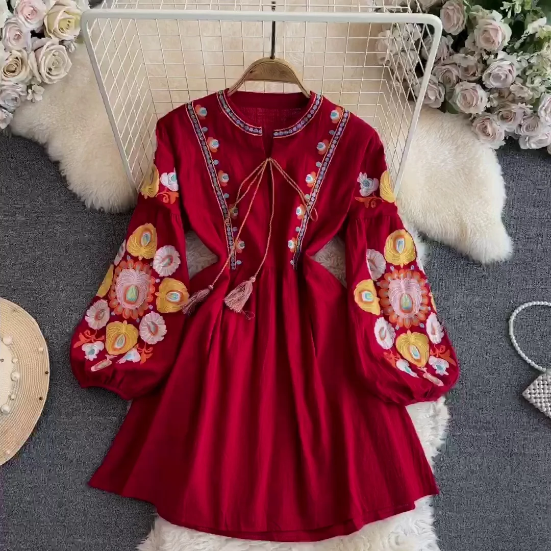 

Spring Autumn Vintage Women Cotton Linen Dress Elegant O-neck Lace-up Lantern Long Sleeve Embroidery A-line Female Midi Dress